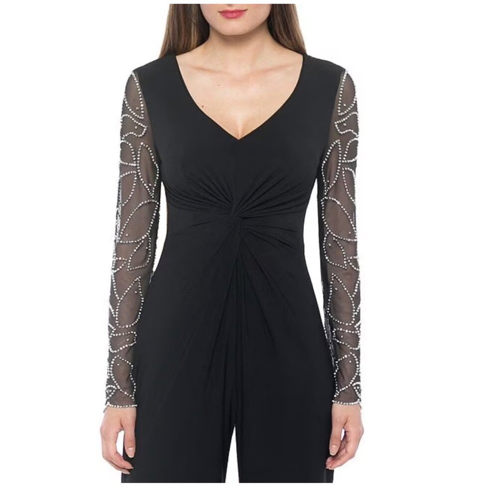 Marina Matte Jersey Sheer Beaded V-Neck Knot Bodice Jumpsuit - Picture 2 of 14